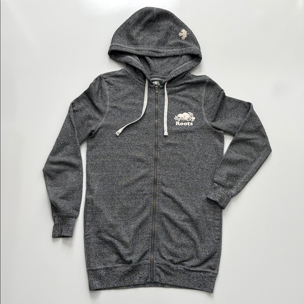 Roots Canada Full Zip Hoodie Gray Salt & Pepper Beaver Logo Longline Fit size XS